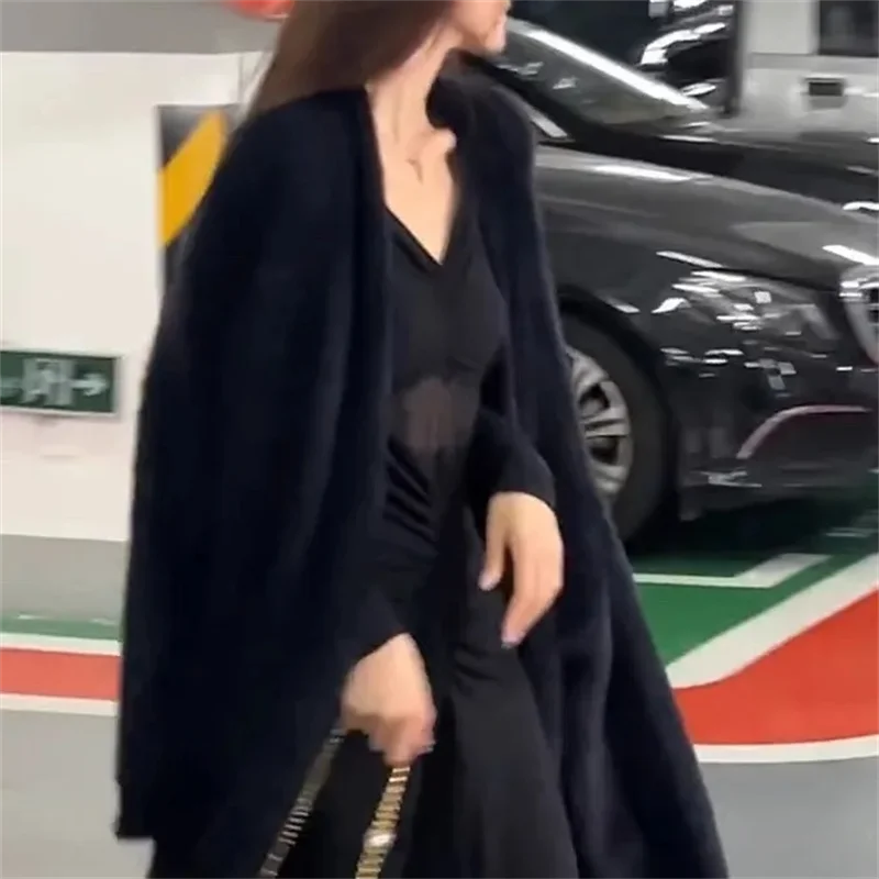 Мягкий и липкий свитер для женщин на осень зиму Ленивый синий мохеровый вязаный