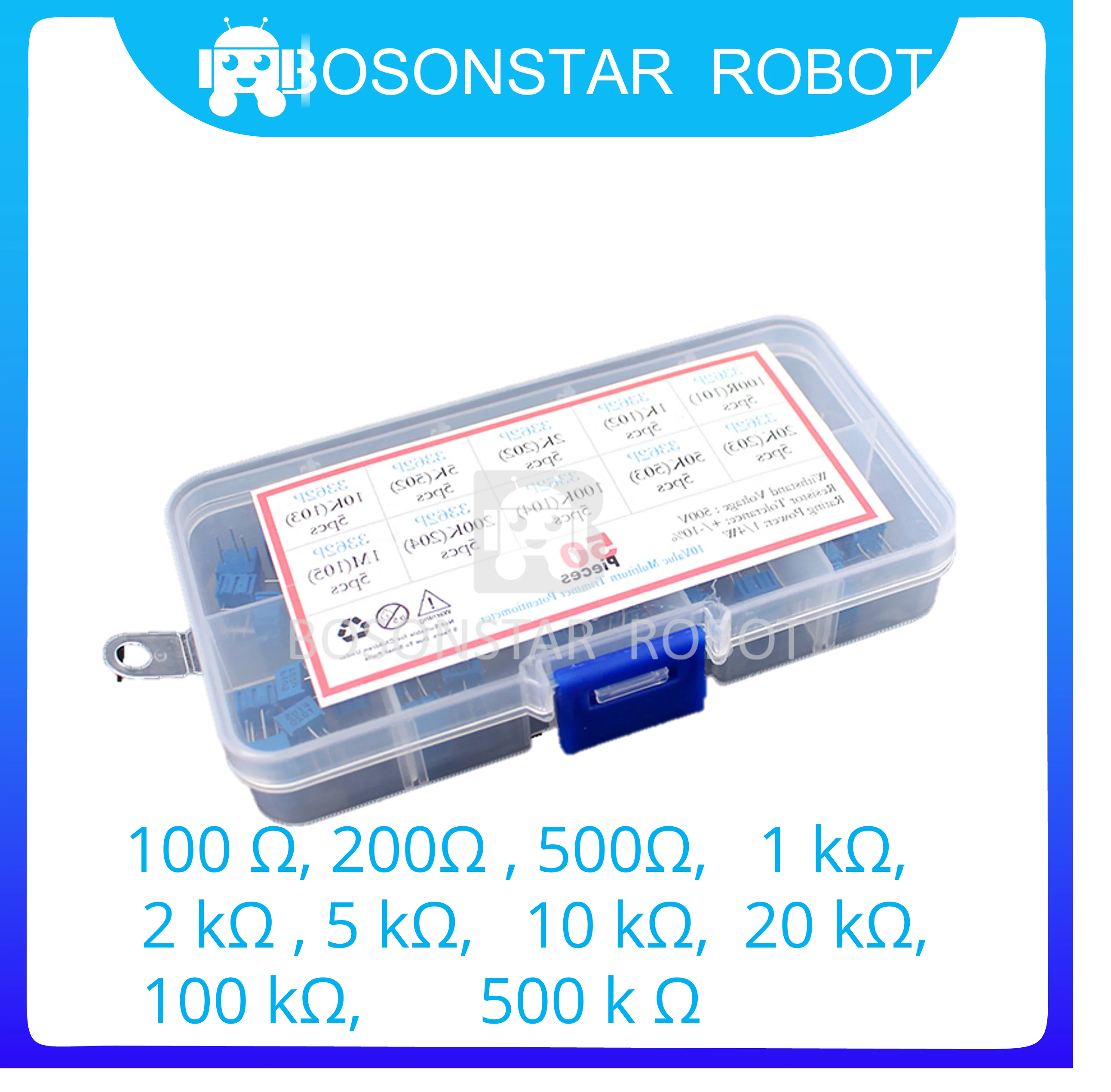 

50PCS 10values*5PCS 3362P Multiturn trimming potentiometers kit 10 Values Variable Resistor 500R 1K 2K 5K 10K 20K 50K 100K 200K