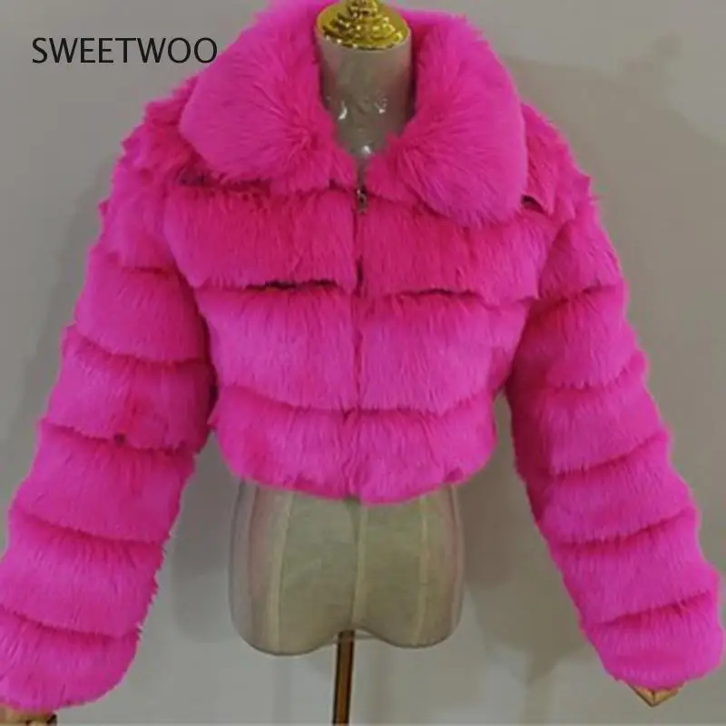 Turn Down Collar Faux Fur Coat Women 2022 Winter Thicken Warm Zipper Short Outwear Woman  Fake Furry Coats Tide Slim