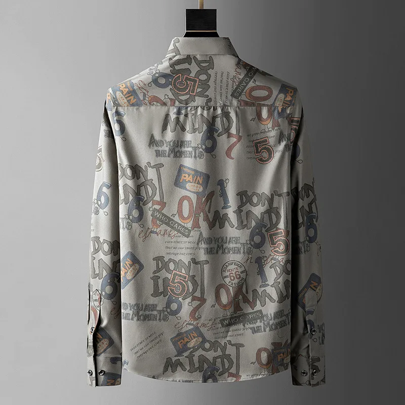 Light Luxury High-end European Fashion Printing Casual Shirt Men's Long-sleeve Spring Autumn M-5xl Non-iron Shirt Men