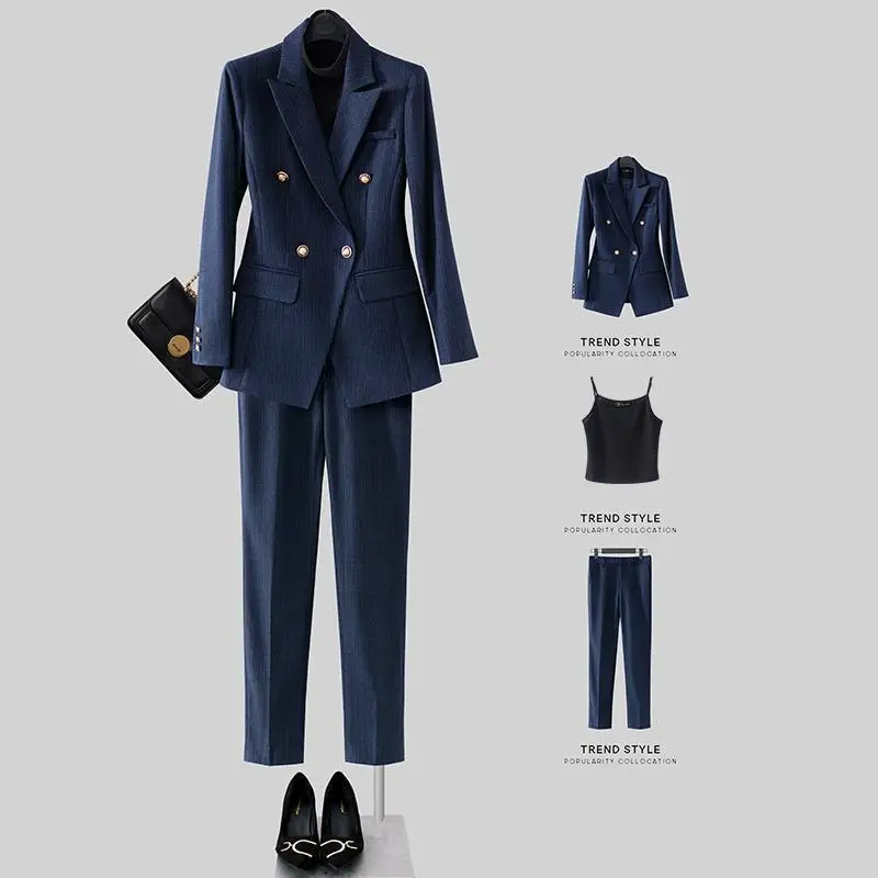 Wholesale blue striped suits, professional suits, women's autumn temperament, goddess, manager's suits, formal clothes, real est