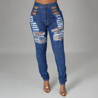 denim pencil pants high waist ripped hole tassel trousers slim fit solid color stretchy denim pants for daily wear
