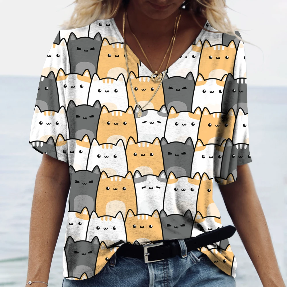 

New Fashion Ladies T Shirts Summer Clothing Kitten Print Short Sleeve Tops V Neck Pullover Kawaii Women's Shirts Tees Harajuku