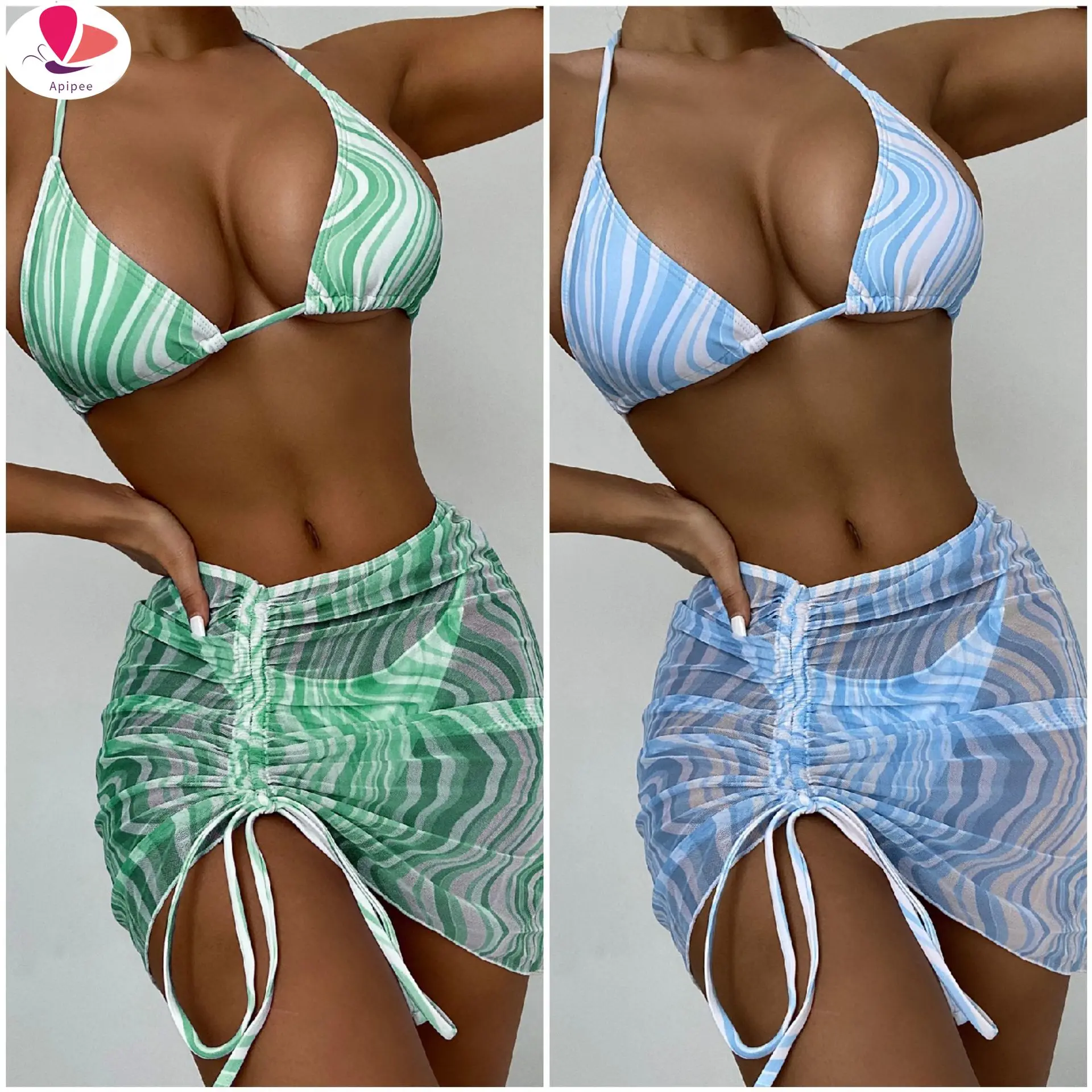 

Купальник-бикини APIPEE с треугольным принтом, женский купальник с лямкой на шее, женская юбка, комплект из 3 предметов, Элегантный купальный ко...