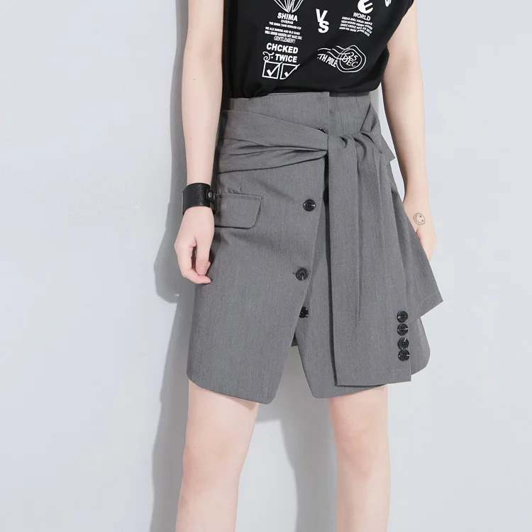 Gray Skirts Buttons Sleeve Simple European and American High Waistband Skirts Mujer Faldas