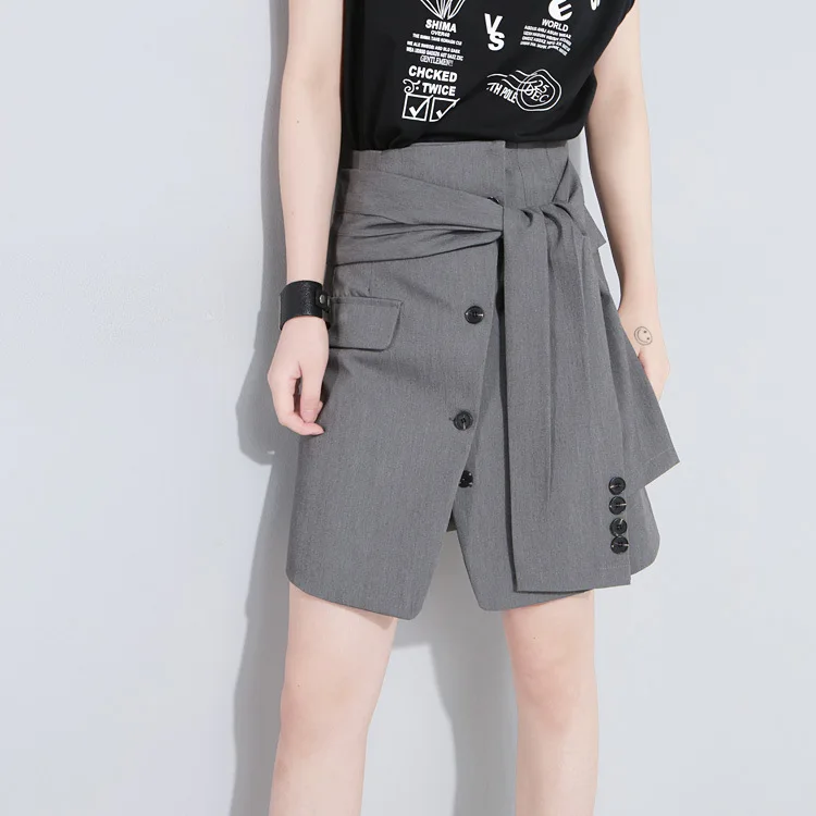 

Gray Skirts Buttons Sleeve Simple European and American High Waistband Skirts Mujer Faldas