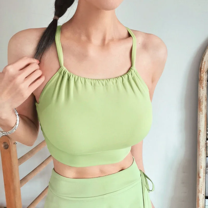 

Новинка, Женский плиссированный тонкий бюстгальтер с перекрестными бретельками, топ для острых девушек, облегающий топ для йоги, тренировочный спортивный топ