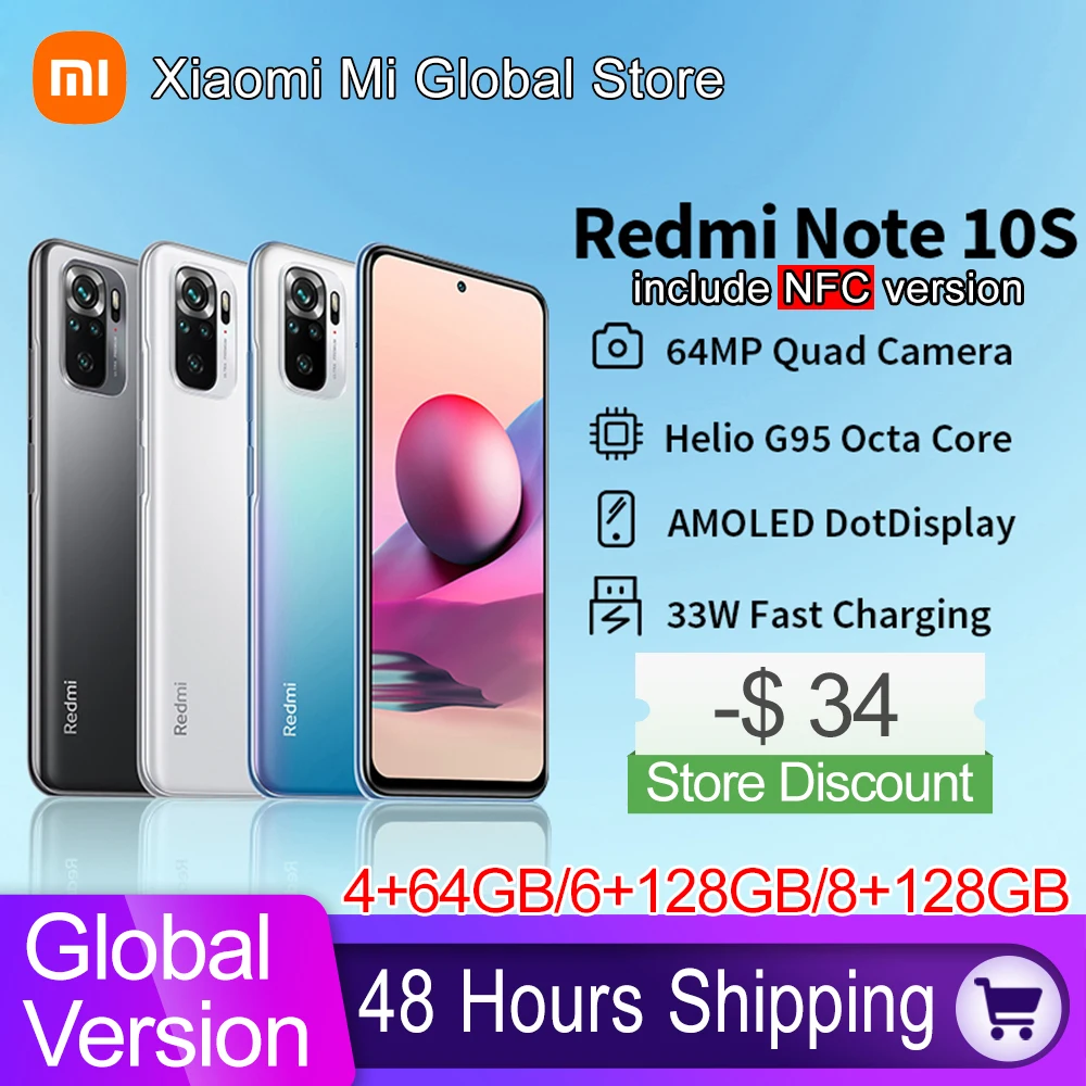 Global Version Xiaomi Redmi Note 10S Mobile Phone 6GB 64/128GB Helio G95 Octa Core 64MP Quad Camera 6.43 Screen 33W Fast Charge