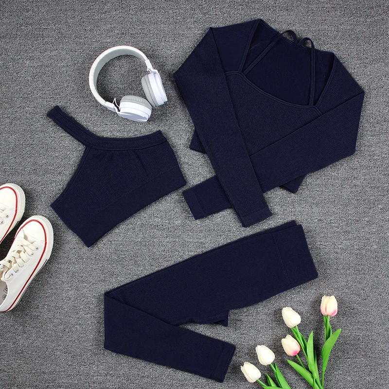 

SALSPOR Workout Women Outfit 3 Pieces Set Sexy Gym Yoga Leggings Long Sleeve Tops Shoulder Strap Vest Running Set Sportswear