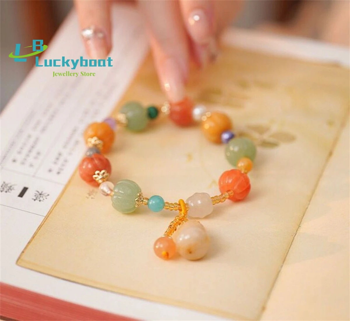 

Natural Xinjiang Golden Silk Jade Pumpkin Bracelet Women's Fashion Duobao Color Charm Jewelry Luxury Amulet Gift Handmade