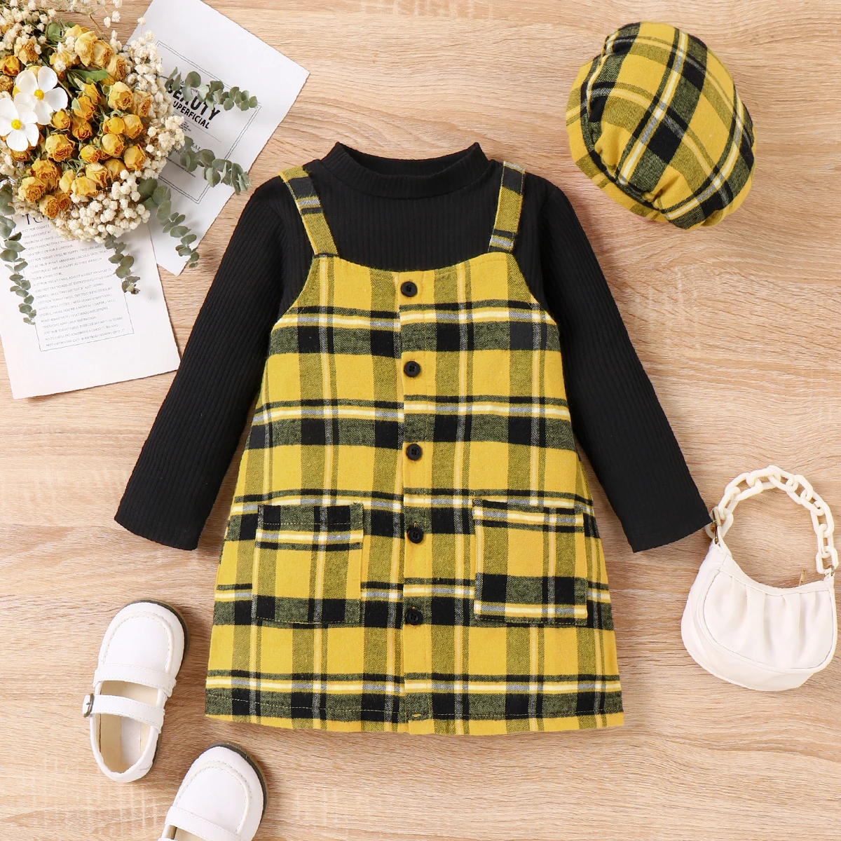 

PatPat 3pcs Toddler Girl Plaid Beret & 100% Cotton Overall Dress & Rib-knit Long-sleeve Top Set