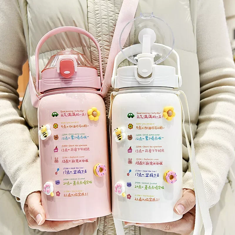 

NEW2023 1.3/1.7L Thermos Large Capacity Water Bottle Portable Straw Tumbler Cute Insulated Cup Stainless Steel Vacuum Flasks Dri