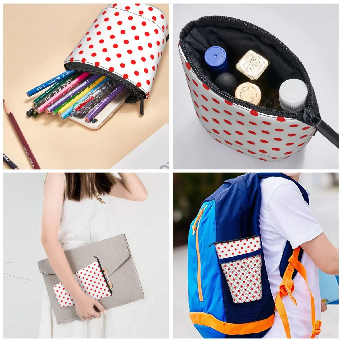 Red Polka Dot Fold Pencil Case Geometric Dots Vintage Print For Child Cute Standing Pencil Box School Pen Bags images - 6