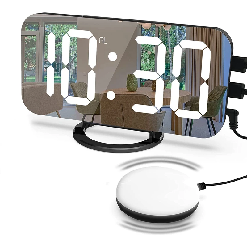 

Цифровой будильник JFBL, вибрирующий будильник с 2 USB-портами, 7-дюймовый светодиодный зеркальный электронный будильник