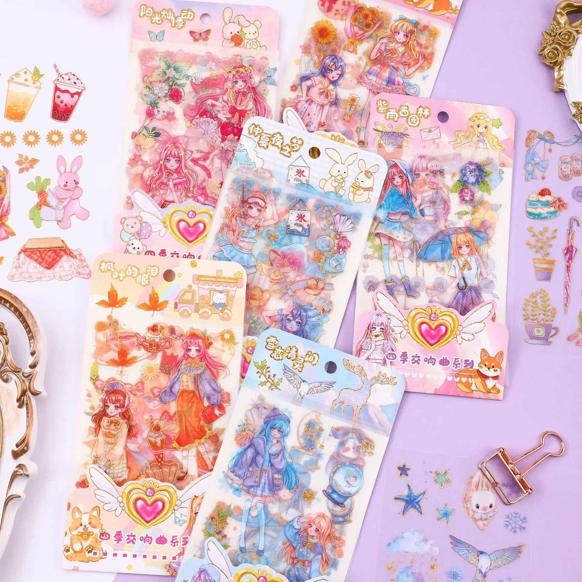 

Hand account stickers cartoon girl frosted bronzing children's stationery ancient card stickers mobile phone album notebook