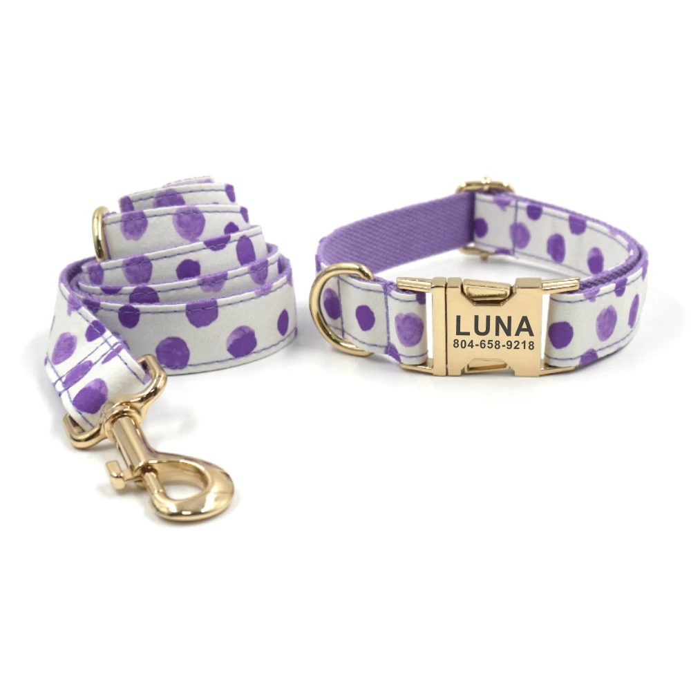 Personalized Dog Collar Customized Pet Collars Free Engraving ID Name Tag Pet Accessory Purple Bubble Puppy Collar Leash