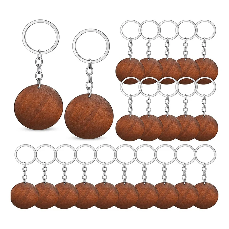

50 Pcs Wood Engraving Blanks Round Shaped Wooden Keychain Set Rings Key Tags Keychain Supplies Coffee Color For DIY Gift Crafts