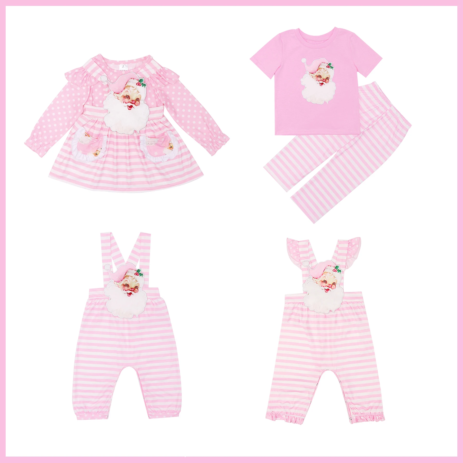 

Рождественские розовые длинные брюки детская одежда с аппликацией в виде Санты наборы для девочек и мальчиков с круглым вырезом и подтяжками детские комбинезоны из двух предметов