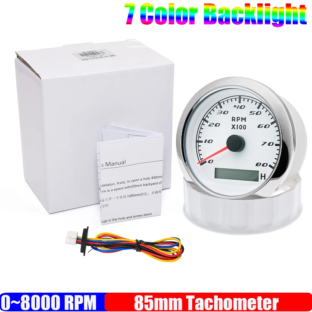 

Водонепроницаемый Автомобильный Тахометр 85 мм, 7 цветов, 3000/4000/7000/8000 об/мин, Тахометр для универсальной лодки, 12 В, 24 В
