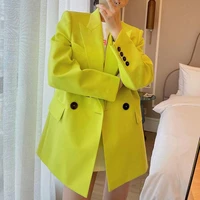 spring korean loose bright green women blazers double breasted notched office lady long sleeve coat