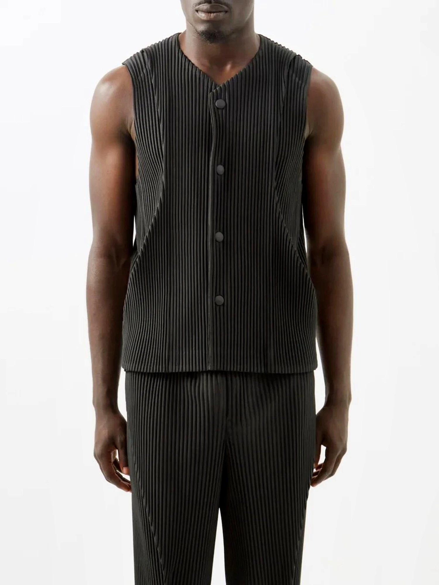 MI TEMPIO Man Pleated Sleeveless Shirt Solid Men's Singlets Button Up for Men Summer Harajuku Fashion Vest Aesthetic Clothing