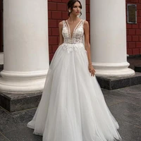 elegant bride gowns for women sleeveless lace applique backless v neck wedding dresses a line tulle sweep train vestido de noiva