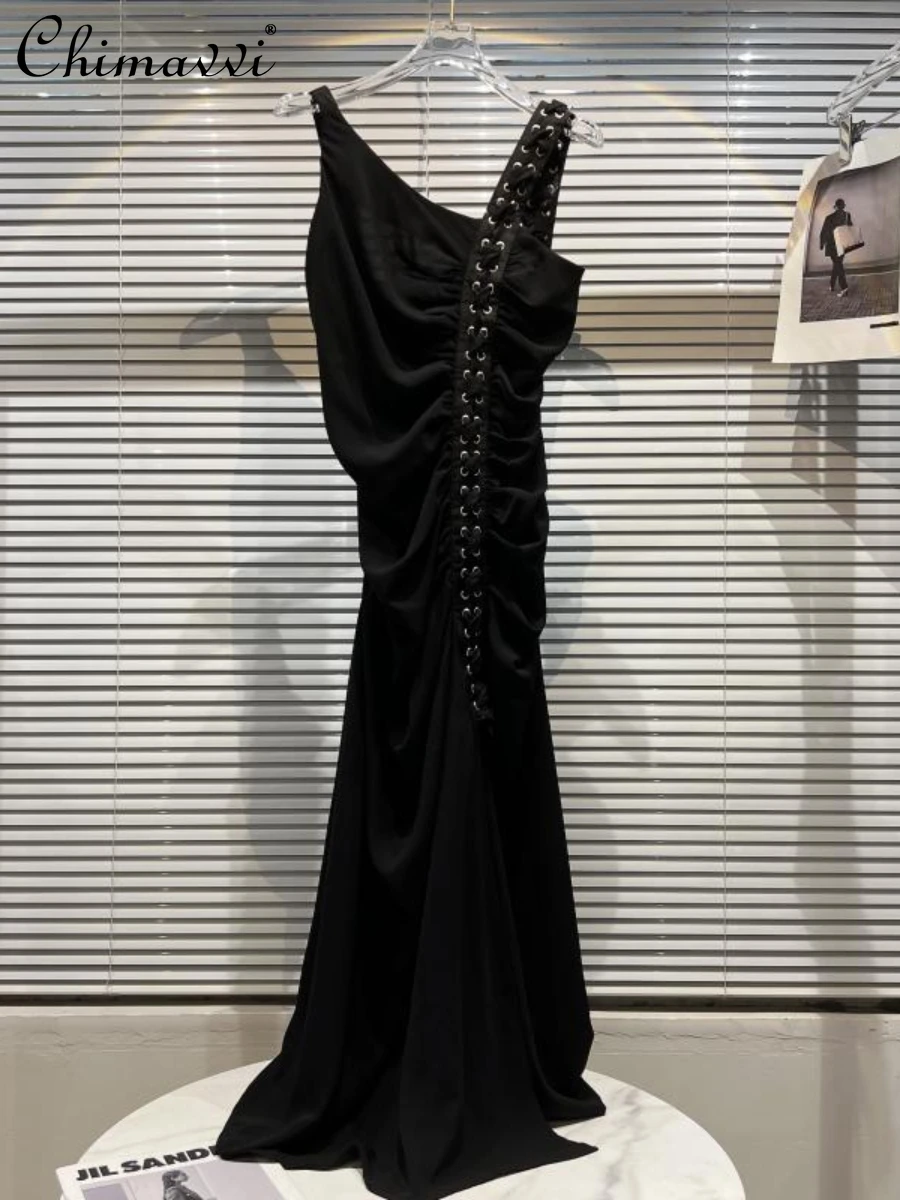 

2022 Summer Dresses New Fashion Cross Woven Shoulder Strap Mid-Length Strap Dress Slim-Fit Elegant Black Dress for Women