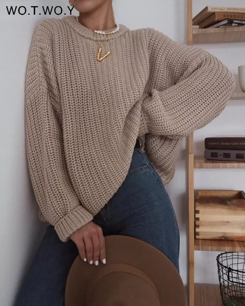 

WOTWOY Elegant Autumn Oversized Sweater Women Solid Loose Knitted Sweaters Women Long Sleeve Pullover Female Jumper Cashmere New