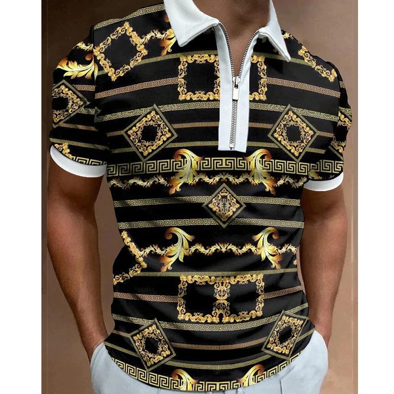 

Luxury men's clothing polo shirts casual turn down collar zipper golf shopping plaid print short sleeve men's shirt polos tops
