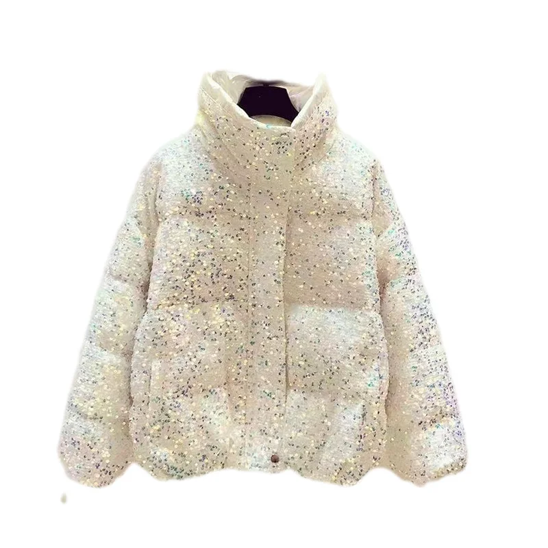 Short Sequined Parka Women 2022 Winter New Stand Collar Long Sleeve Down Cotton-Padded Jacket Thick Warm Street Blue Velvet Coat