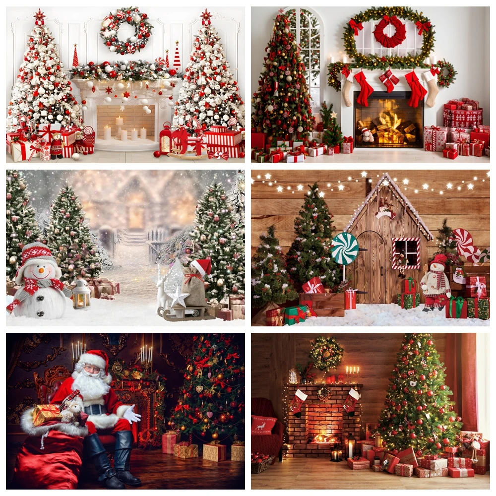

Laeacco Old Brick Fireplace Christmas Tree Gift Teddy Bear Baby Photo Backdrop Photography Background Photocall Photo Studio