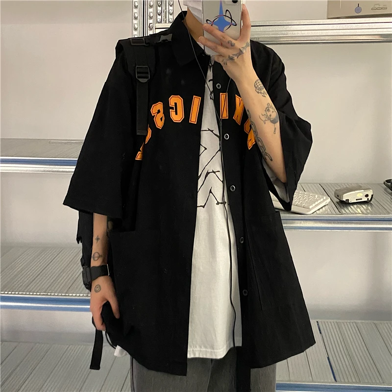 Japanese Style Men Tooling Short Sleeve Shirt Pocket Casual  Unisex Blouse Black Oversized Couple Clothes Unisex Loose  Punk Top
