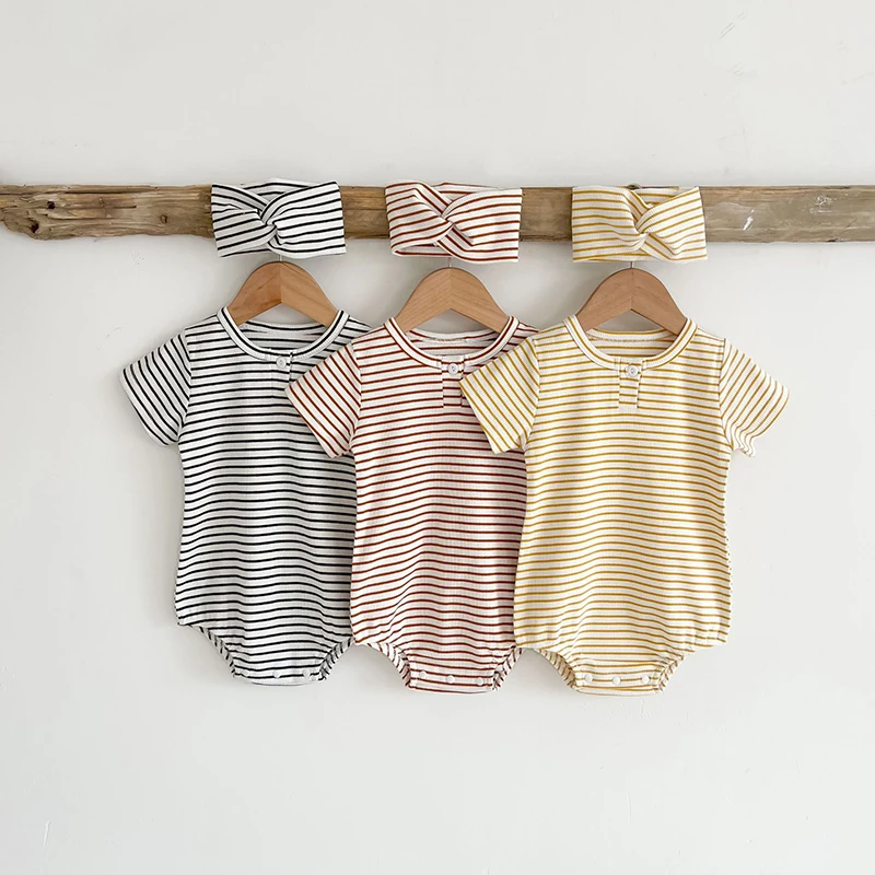 2022 Baby Striped Romper Summer Baby Boy Girl Clothes Color Blocked Newborn Jumpsuit with Headband Short-sleeved Baby Clothing