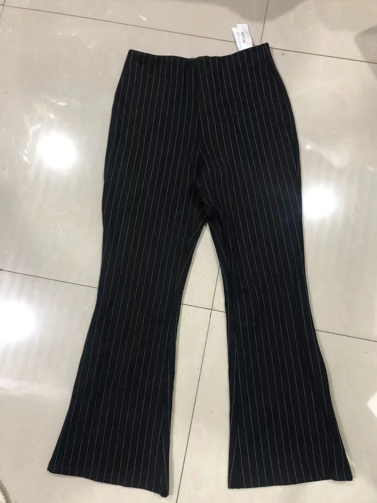 

Zach AiIsa counter quality fashion retro striped simple knitted texture casual elastic high waist slim bag hip flared pants