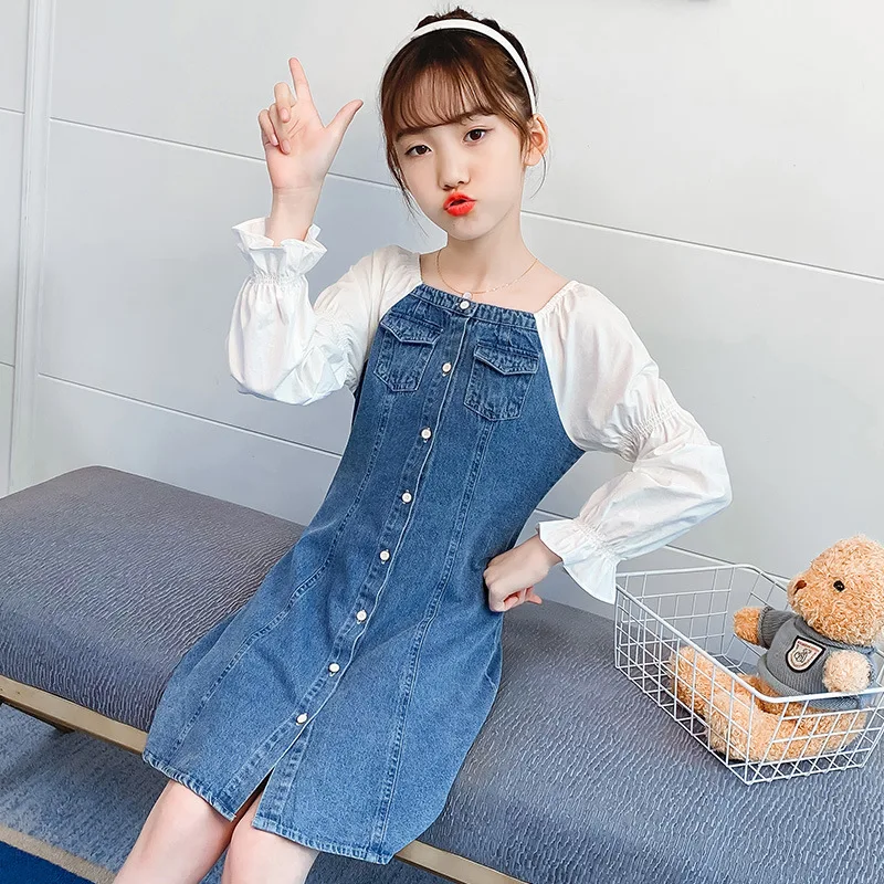 

Весенние повседневные джинсы для девочек-подростков; Платья для малышей с длинными пышными рукавами; Джинсовое платье в стиле пэчворк; Детс...