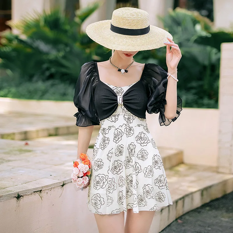 

Swimsuit One 2022 New Women Swimwear Sexy Korean Bathing Suit Female Piece Skirt Backless Print Polyester Bikini Plus Size