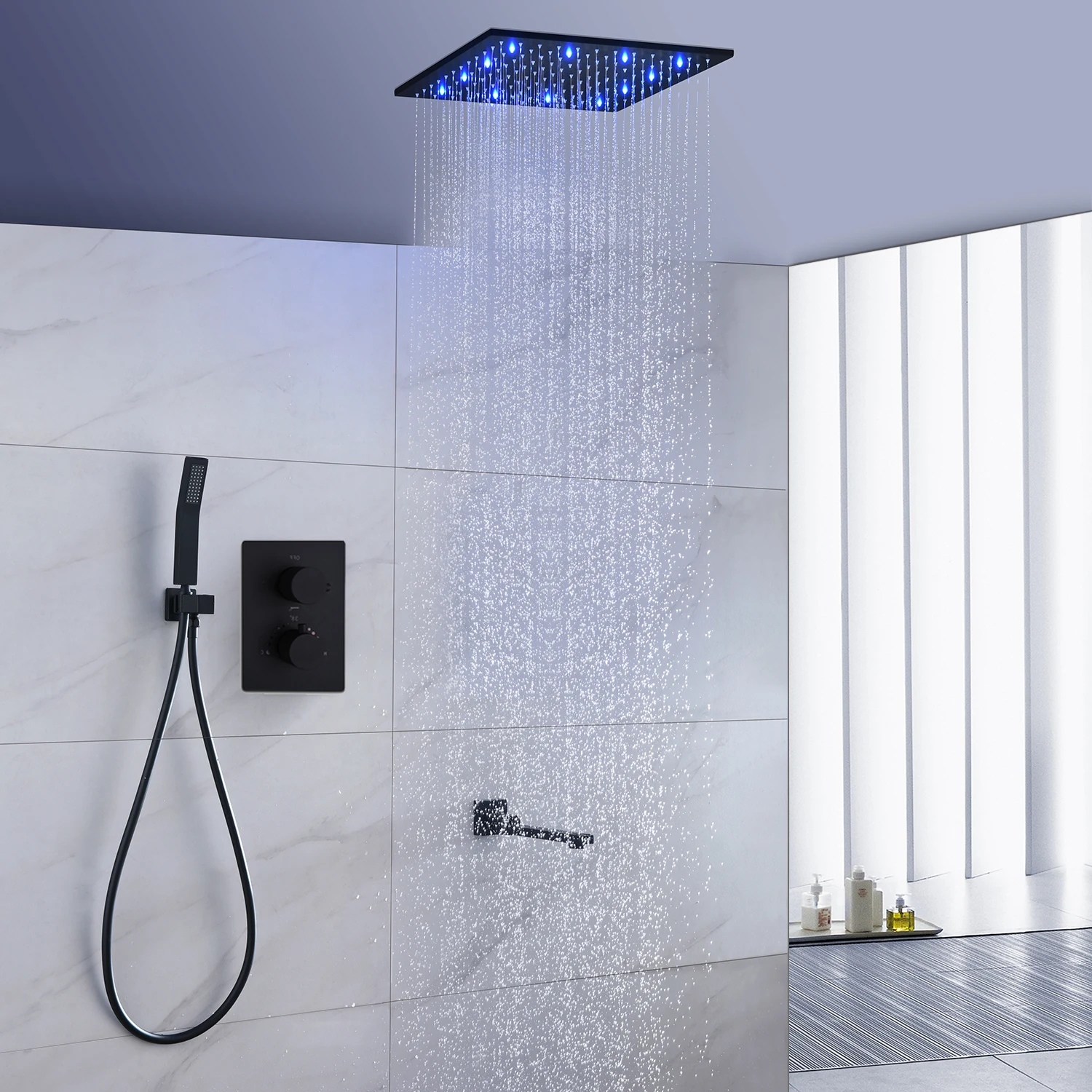 

Bathroom Accessories Black Shower Set 16Inch Ceilling Mounted LED Rainfall ShowerHead Faucet With Handshower Rotate Bath Spout