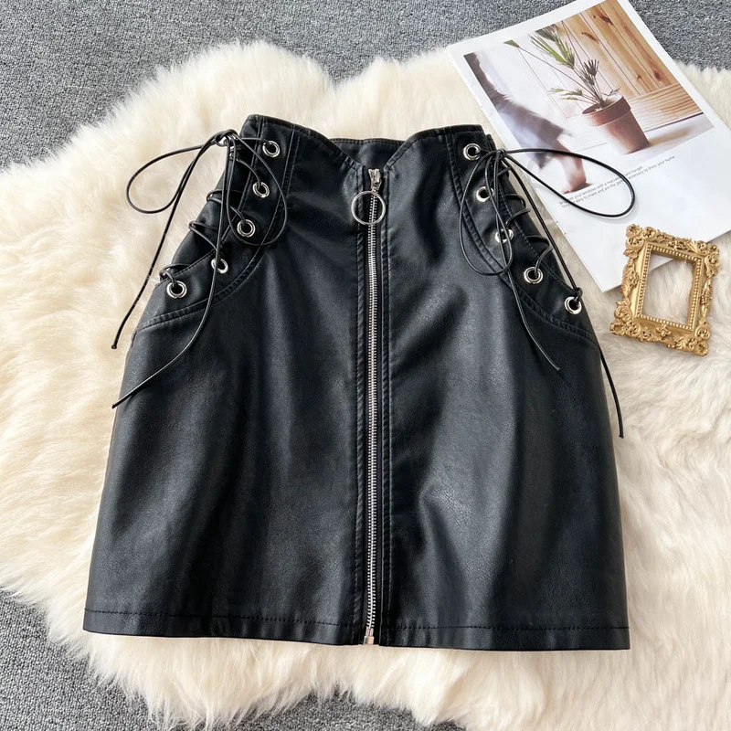 

Spicy Girl Pu Skirts High Waist Lace-up Jupe Mini Mujer Faldas Zipper Fly Leather Skirt Black Casual Women Clothes Dropshipping