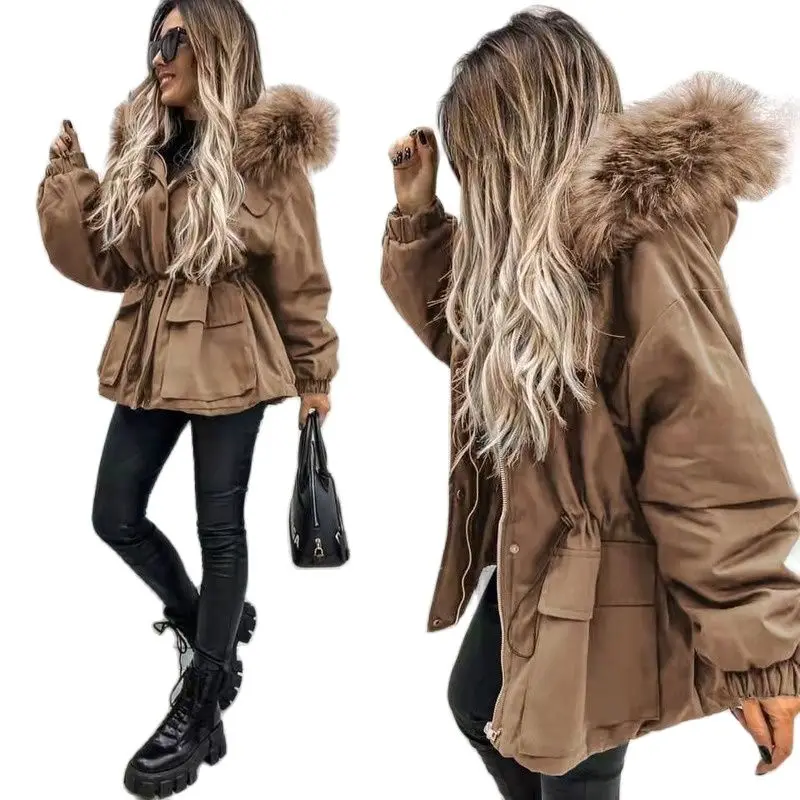 Autumn Winter Women's Parkas High Street Style Long Slim Fur Collar Thick Trendy Overcome Solid Color Hood Coat Jacket