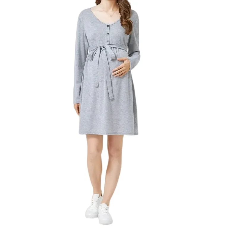 

Nursing Dresses Breastfeeding Maternity Dress Grey V-Neck Long Sleeve Maternity Lactation Clothes Pregnancy Lactation