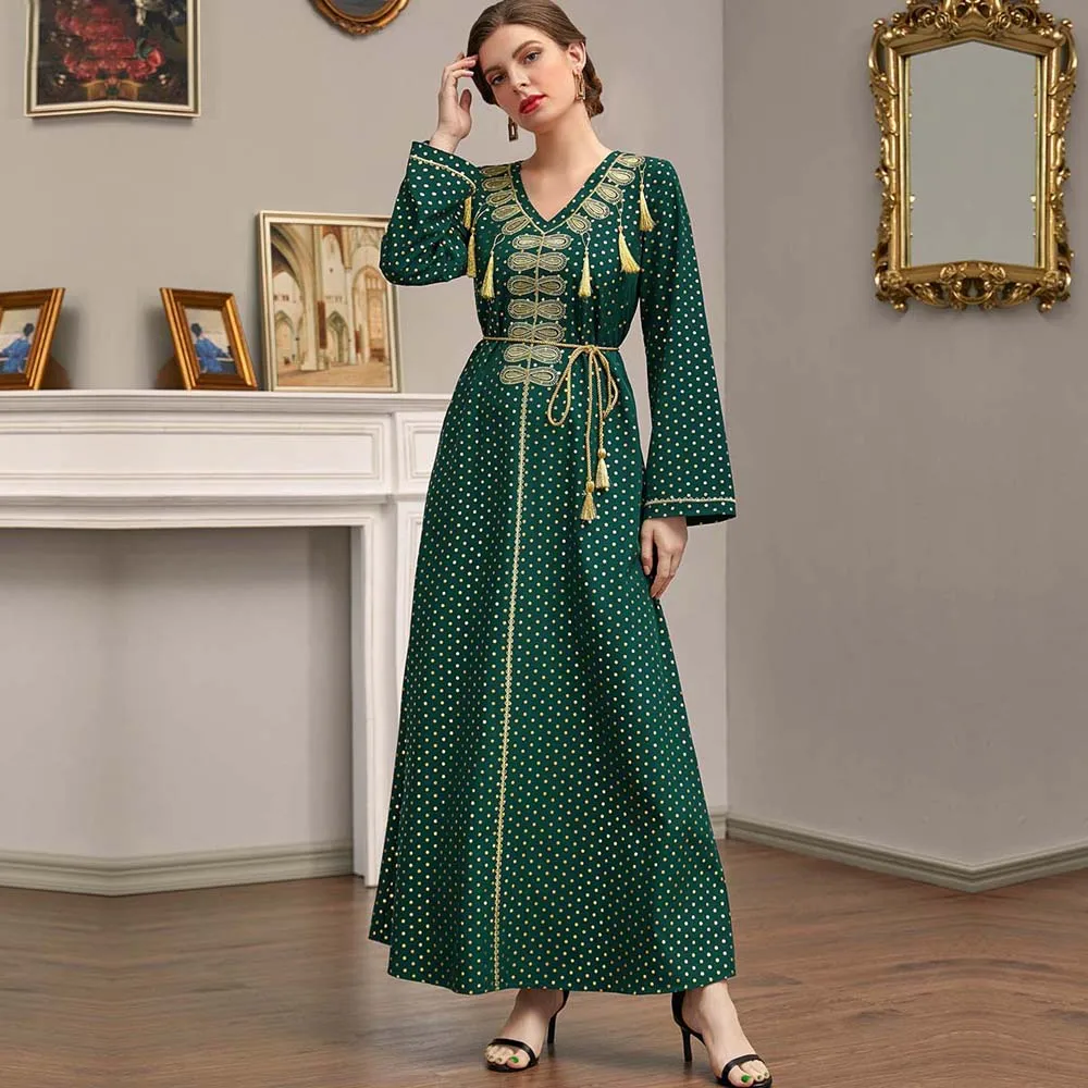 Модное мусульманское элегантное винтажное банкетное платье в горошек с V-образным вырезом, новинка 2022, кафтан, Abayas, Djellaba, кафтан, мароккански...