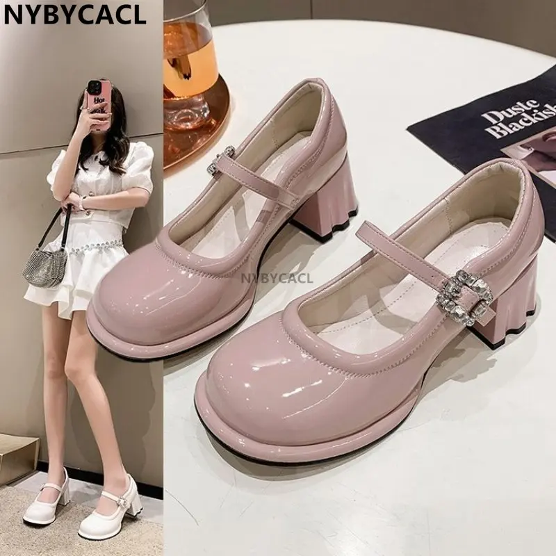 White Fashion Shallow Mouth High-heeled Women Pumps New French Retro Thick Heel Small Leather Shoe All-match Mary Jane Shoes New