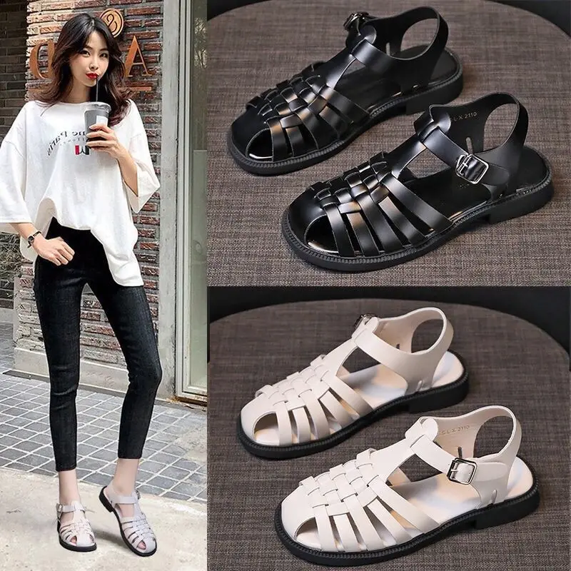 

Meotina Platform Wedges Sandals Real Leather Mid Heel Shoes T-Strap Round Toe Female Footwear Buckle Sandals Summer Black New
