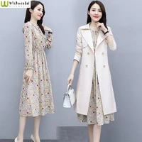 long sleeved dress set 2022 spring and autumn new fashion waist closing thin windbreaker foreign style two piece skirt set