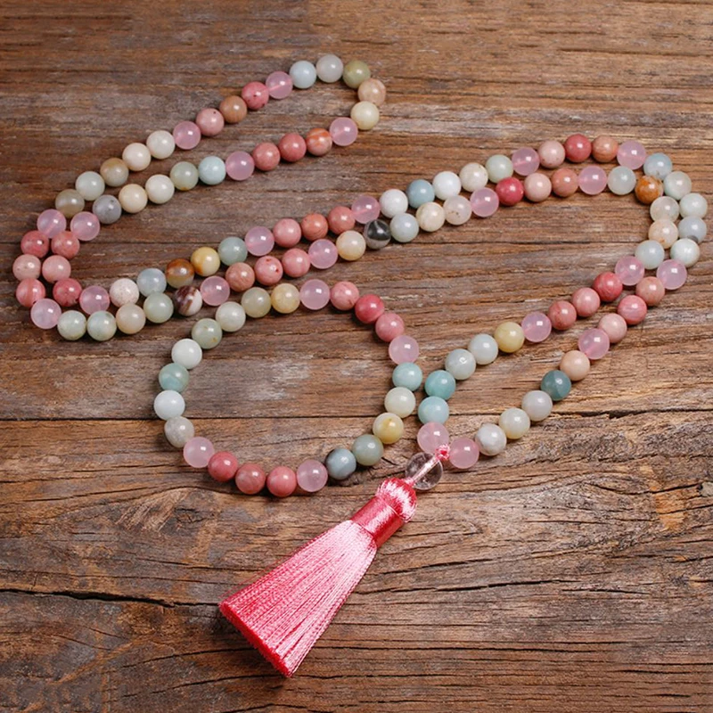 

OAIITE 8mm Rhodonite Amazonite Rose Quartz Stone Necklace 108 Mala Bead Mala Necklaces Bracelet Healing Stone Love Jewelry Set