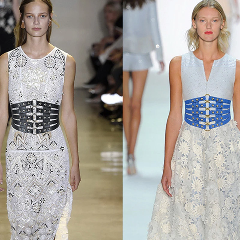 

Женский ремень с заклепками, винтажный дизайнерский ремень из искусственной кожи золотистого цвета с металлическим кольцом, широким эласт...