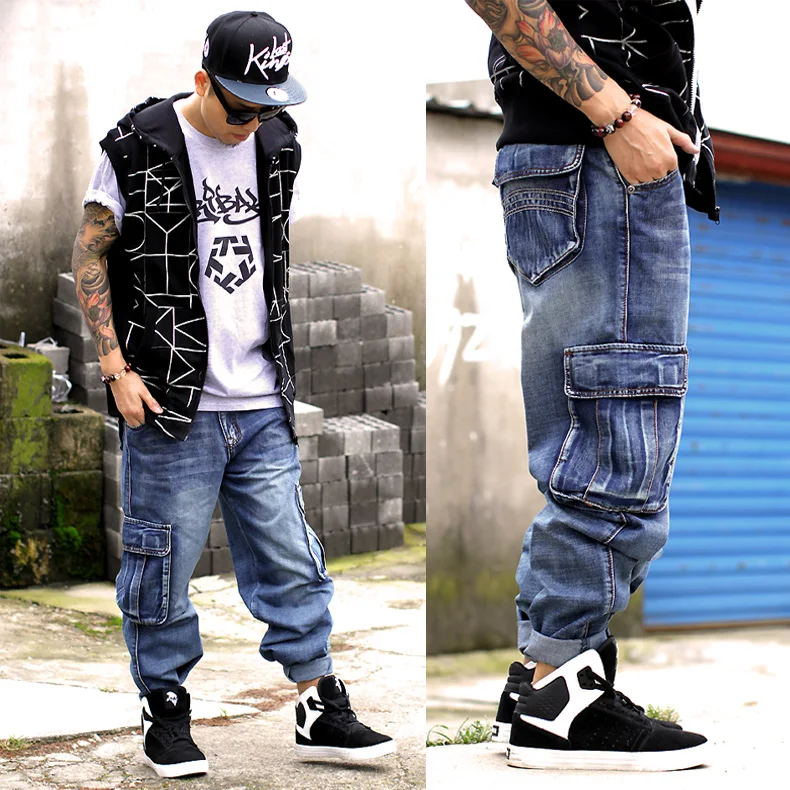 Men's Streetwear Loose Hip Hop Jeans Men Blue Denim Baggy Wide Leg Trousers Plus Size Skateboard Pants with Side Pockets 44 46