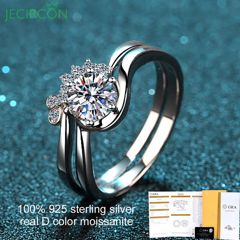 

Genuine JECIRCON Women 925 Sterling Silver Ring 2 Pieces 0.8 Carat Shiny Moissanite Band pt950 Gold Plated Wedding Party Jewelry