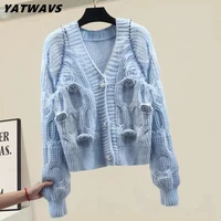designer vintage 3d flower lady cardigan top women autumn v neck single breasted feather decor casual knitted sweater coat