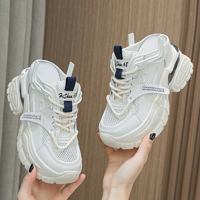 10.5cm2023 Comfy Air Mesh Hollow Female Platform Wedge Chunky Sneakers Genuine Leather Rhinestone Fashion Summer Women Shoes